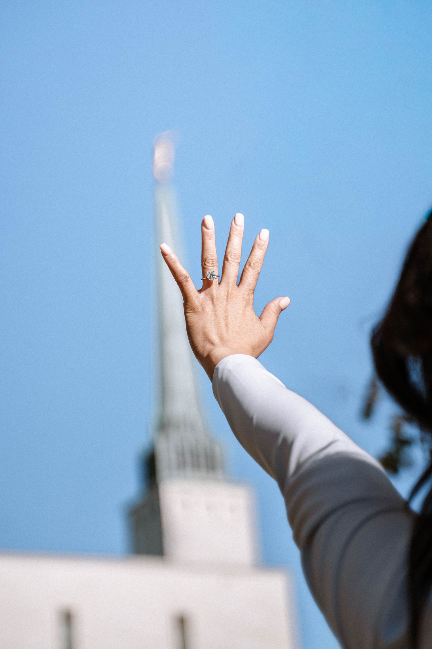 London LDS temple wedding bride full length portrait outside temple autumn leaves editorial wedding photography London