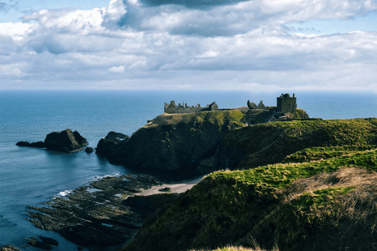 Dunnottar Castle on coastal cliffs in Aberdeenshire Scotland overlooking the sea