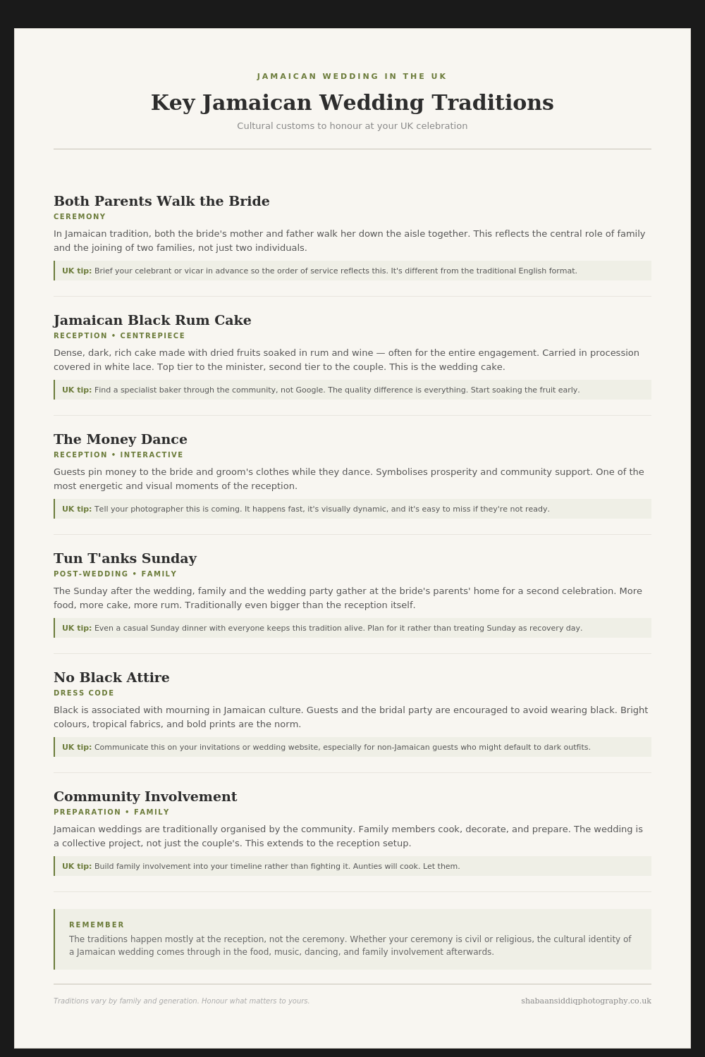 A document listing key Jamaican wedding traditions including black rum cake, money dance, and community involvement customs.