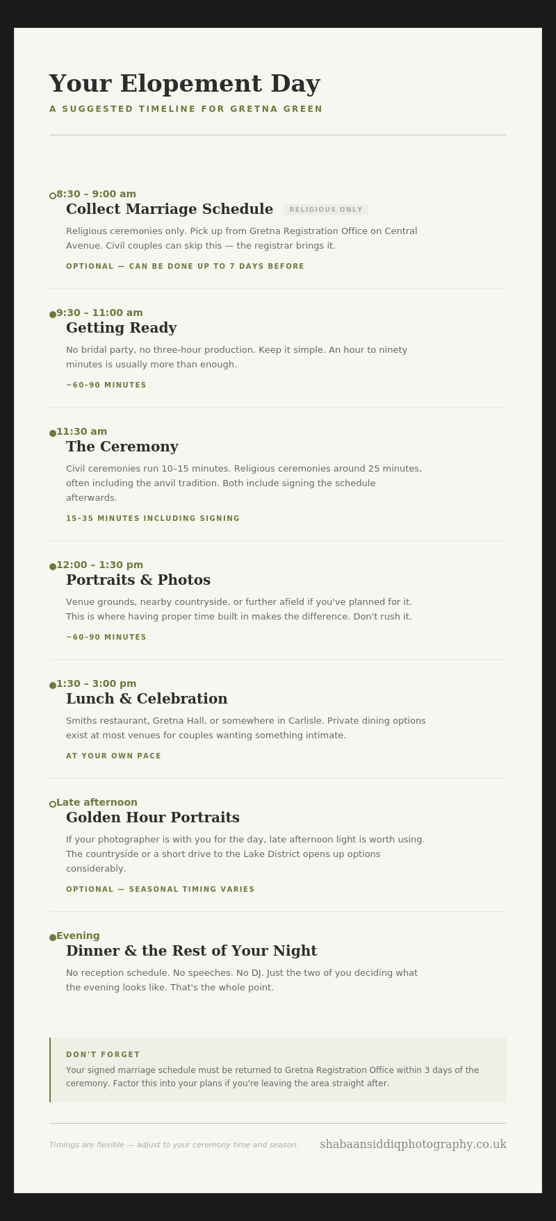 A wedding day timeline document showing schedule details for elopement ceremony, photos, and celebration activities.