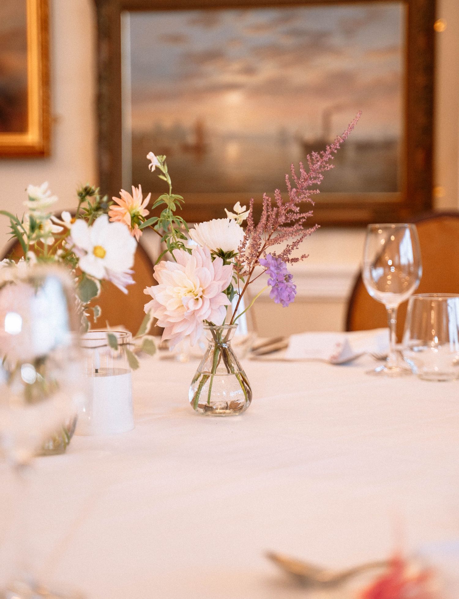 London Trafalgar Tavern wedding reception table decor flowers candles place settings editorial detail shot