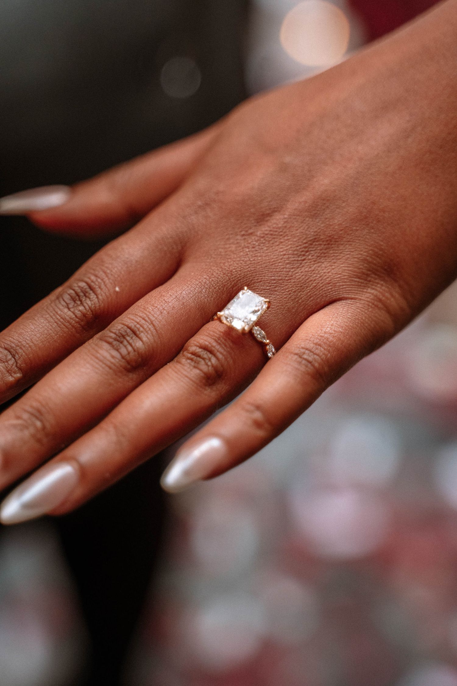 Close-up of engagement ring on bride’s hand after a proposal in Manchester