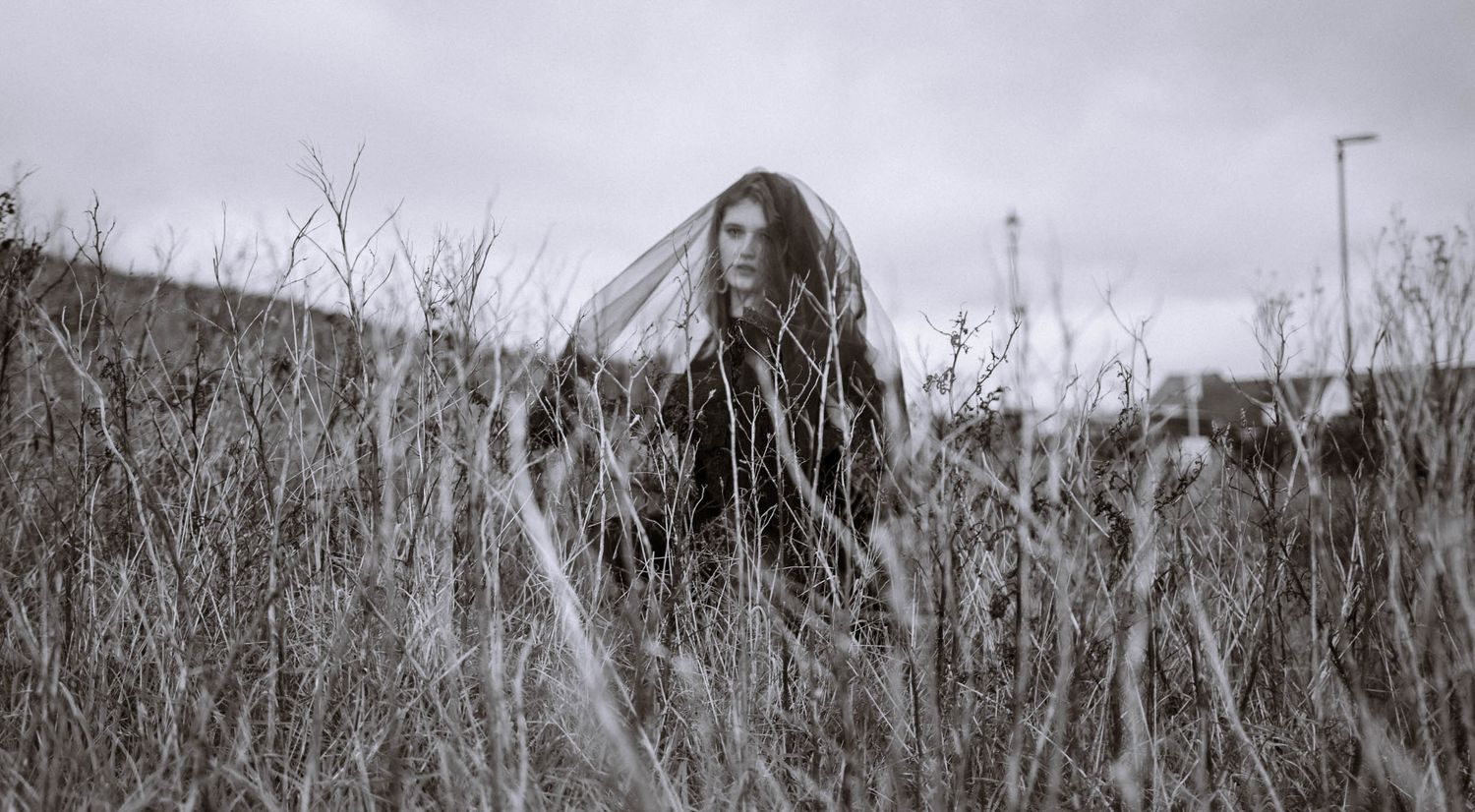 Black and white photo of gothic bride during a Cornwall Elopement