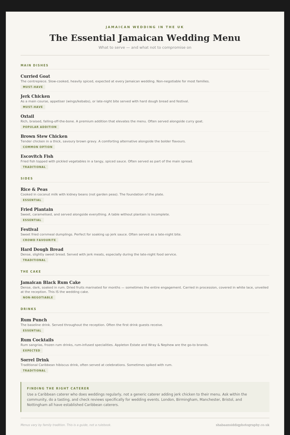 A menu page titled 'The Essential Jamaican Wedding Menu' displaying traditional Caribbean food items and descriptions.