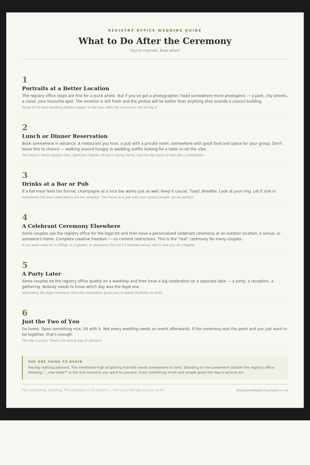 Wedding planning checklist showing numbered items about post-ceremony activities on a white page with black text.