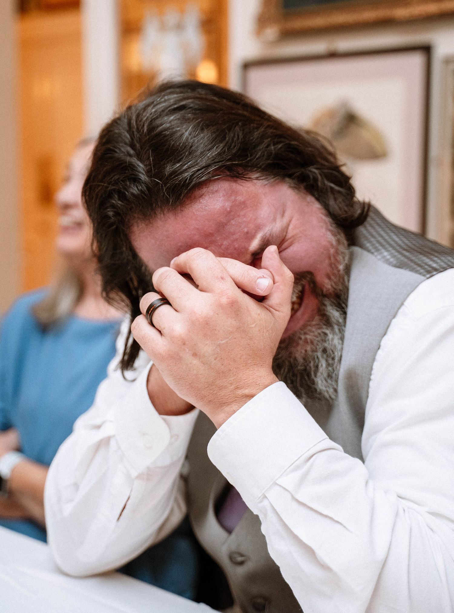 Groom emotional during speech at Trafalgar Tavern wedding reception