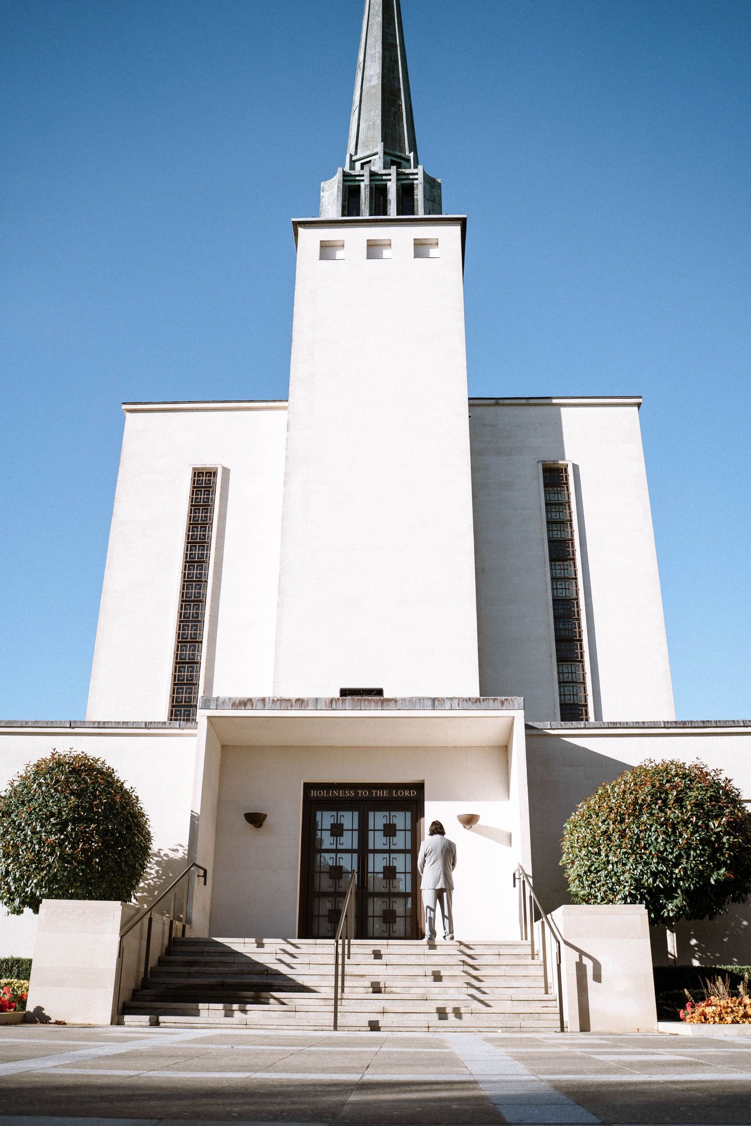 Exterior of LDS temple building during wedding day in London