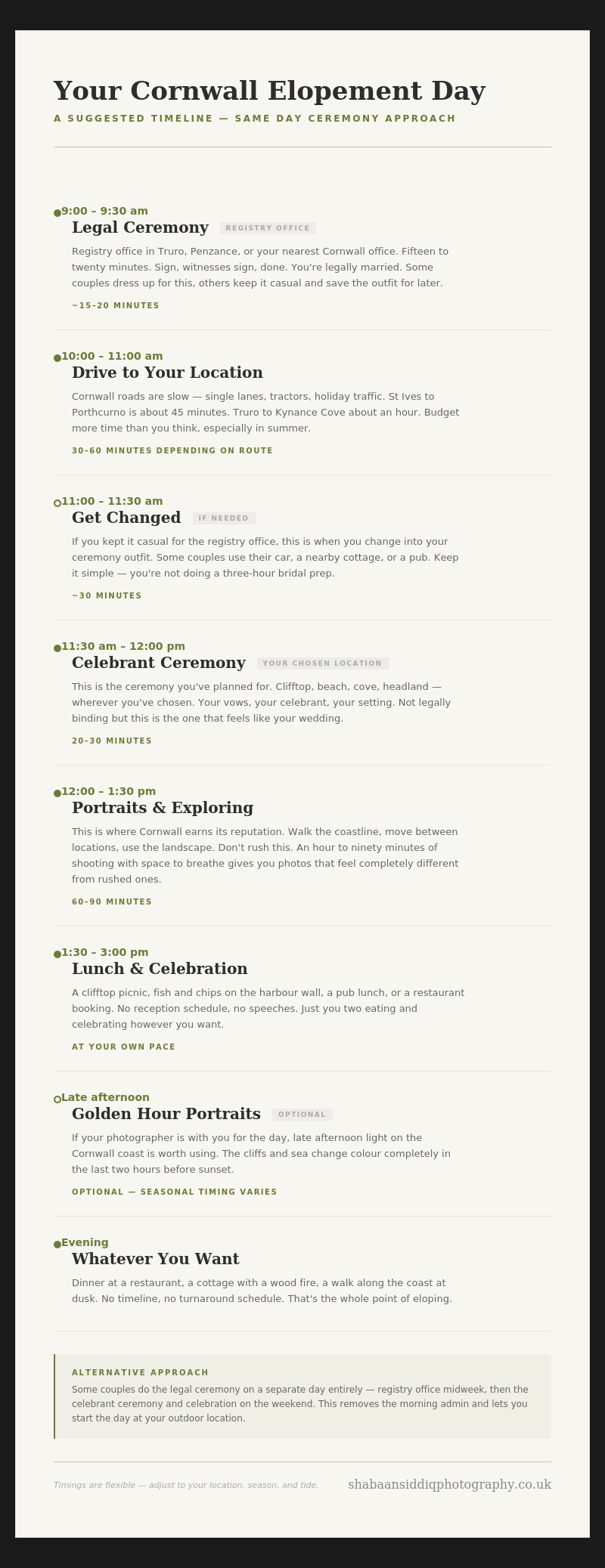 A wedding day timeline document showing schedule details for a Cornwall elopement ceremony and celebration.