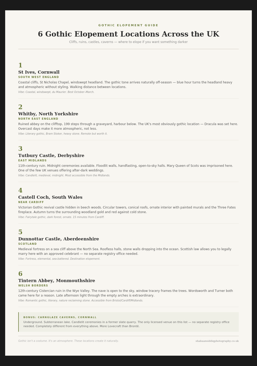 A blog post layout showing '6 Gothic Elopement Locations Across the UK' with text columns and minimal design elements.