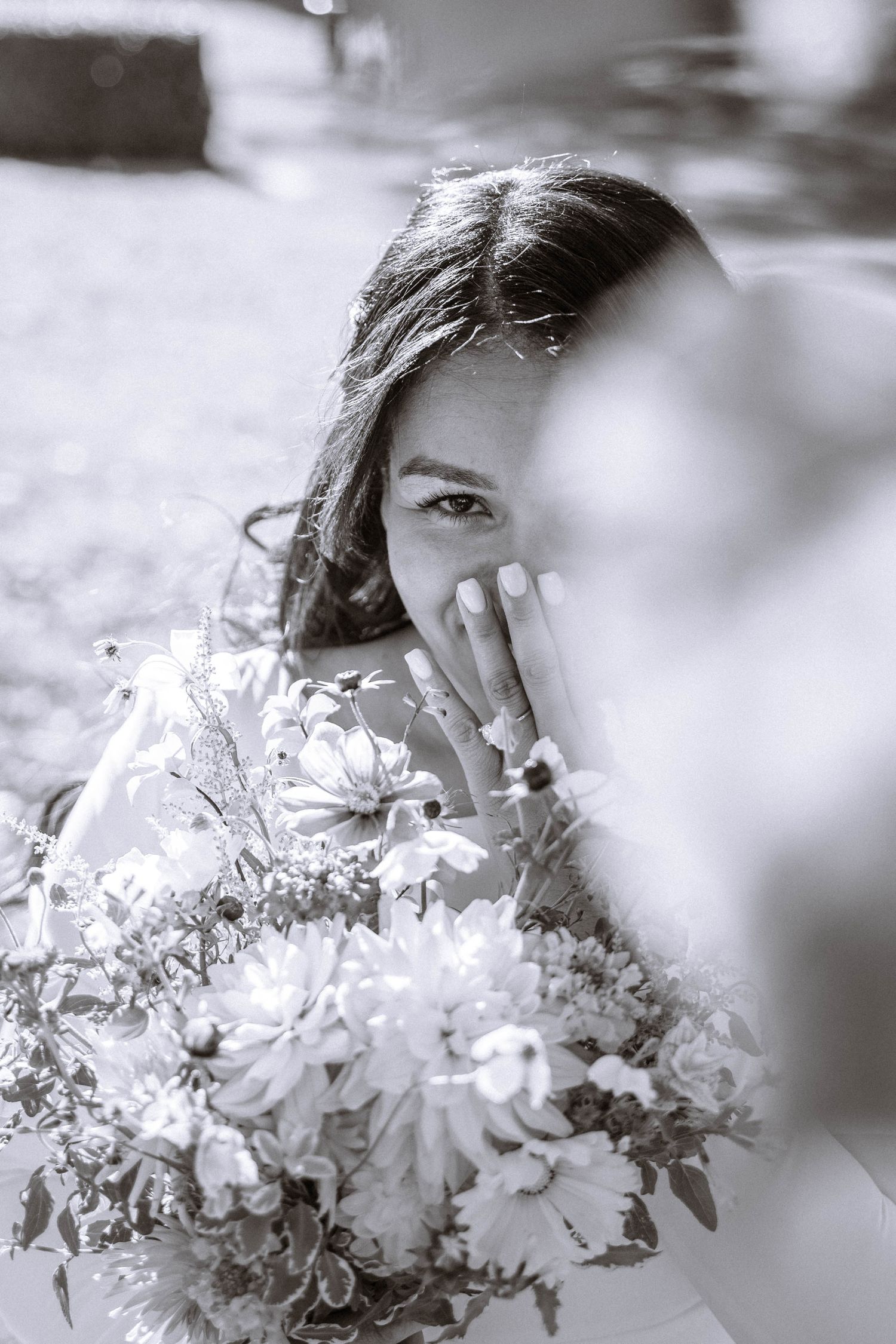 London LDS Mormon wedding bride portrait bouquet black and white soft focus emotional candid London wedding photographer
