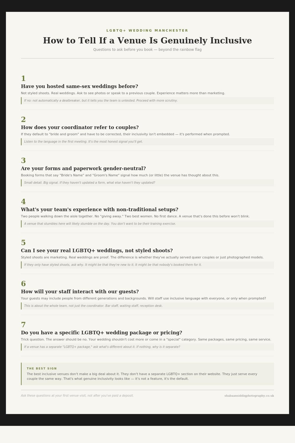 A screenshot of a questionnaire form titled 'How to Tell If a Venue Is Genuinely Inclusive' with numbered questions.