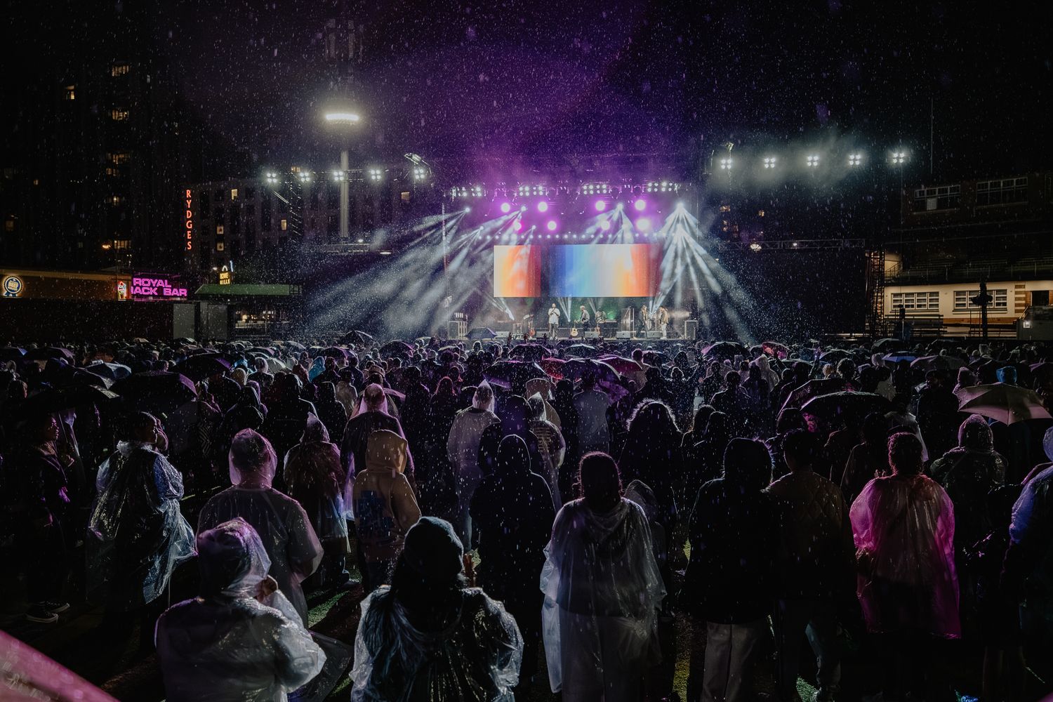 Large concert crowd at night with purple stage lighting creating an atmospheric ambiance.