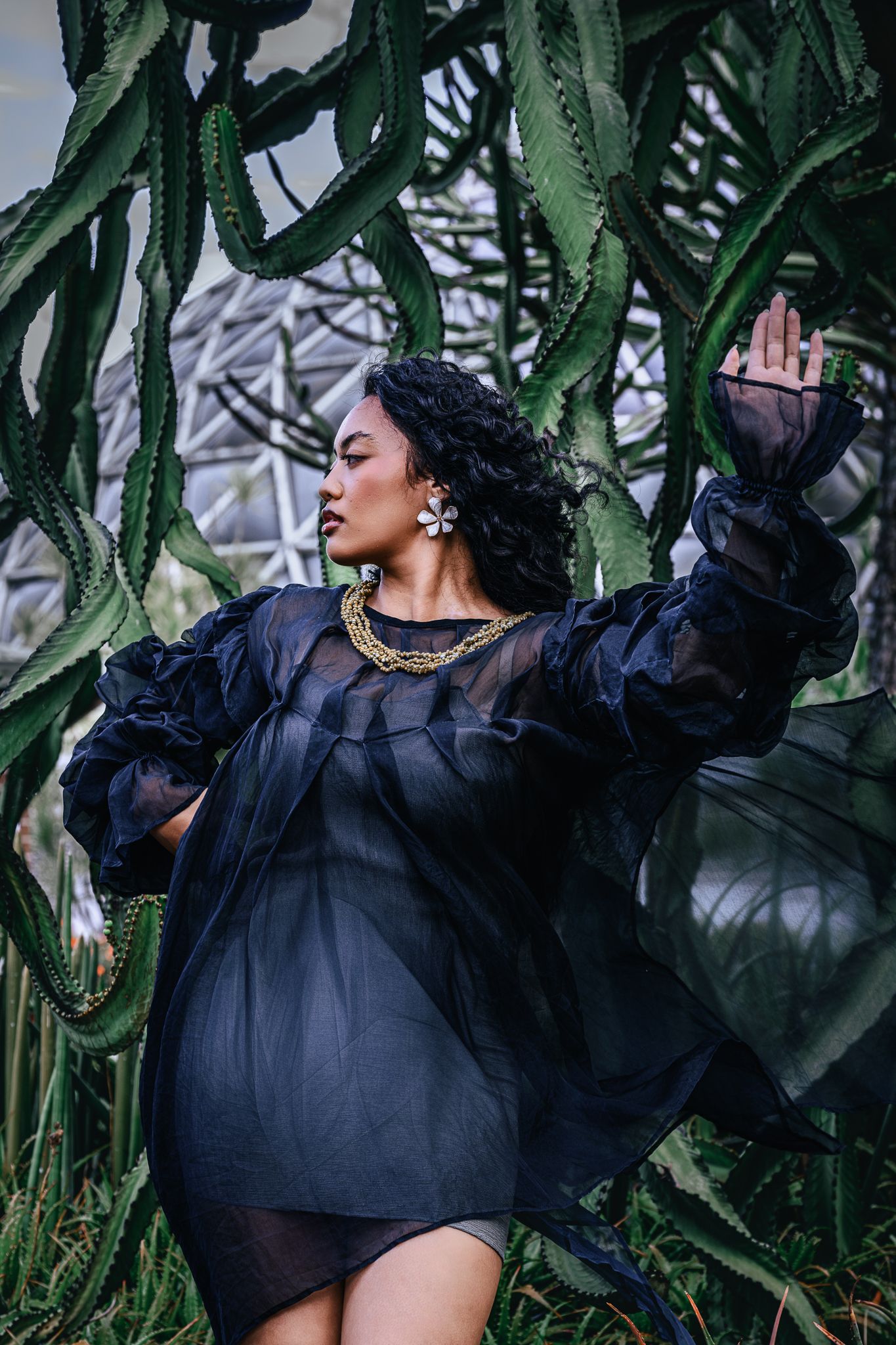 Woman in black sheer dress poses dramatically among tall cacti, wearing gold necklace and floral earrings.