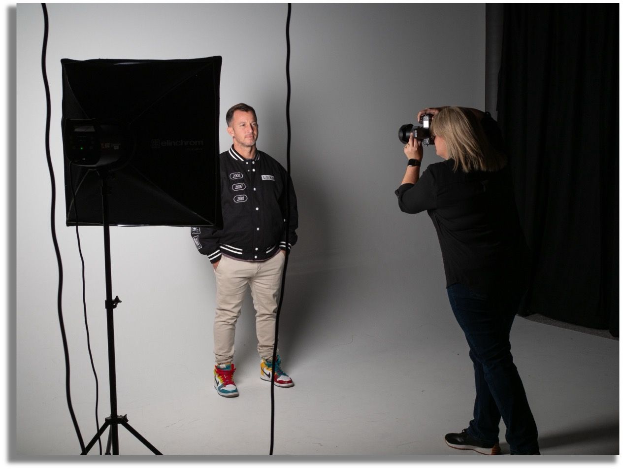 Behind the scenes photo shoot setup with lighting equipment in studio.