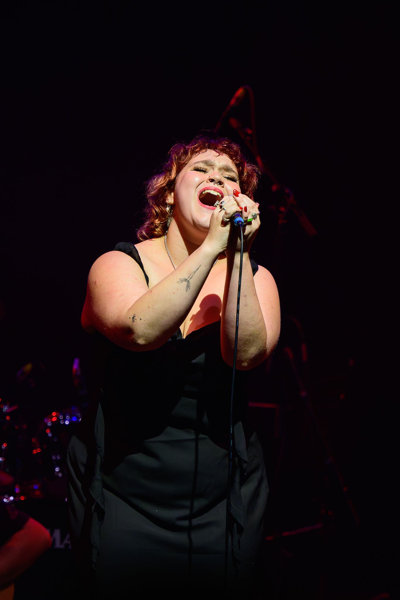 Dramatic low-light performance shot with singer silhouetted against dark background.
