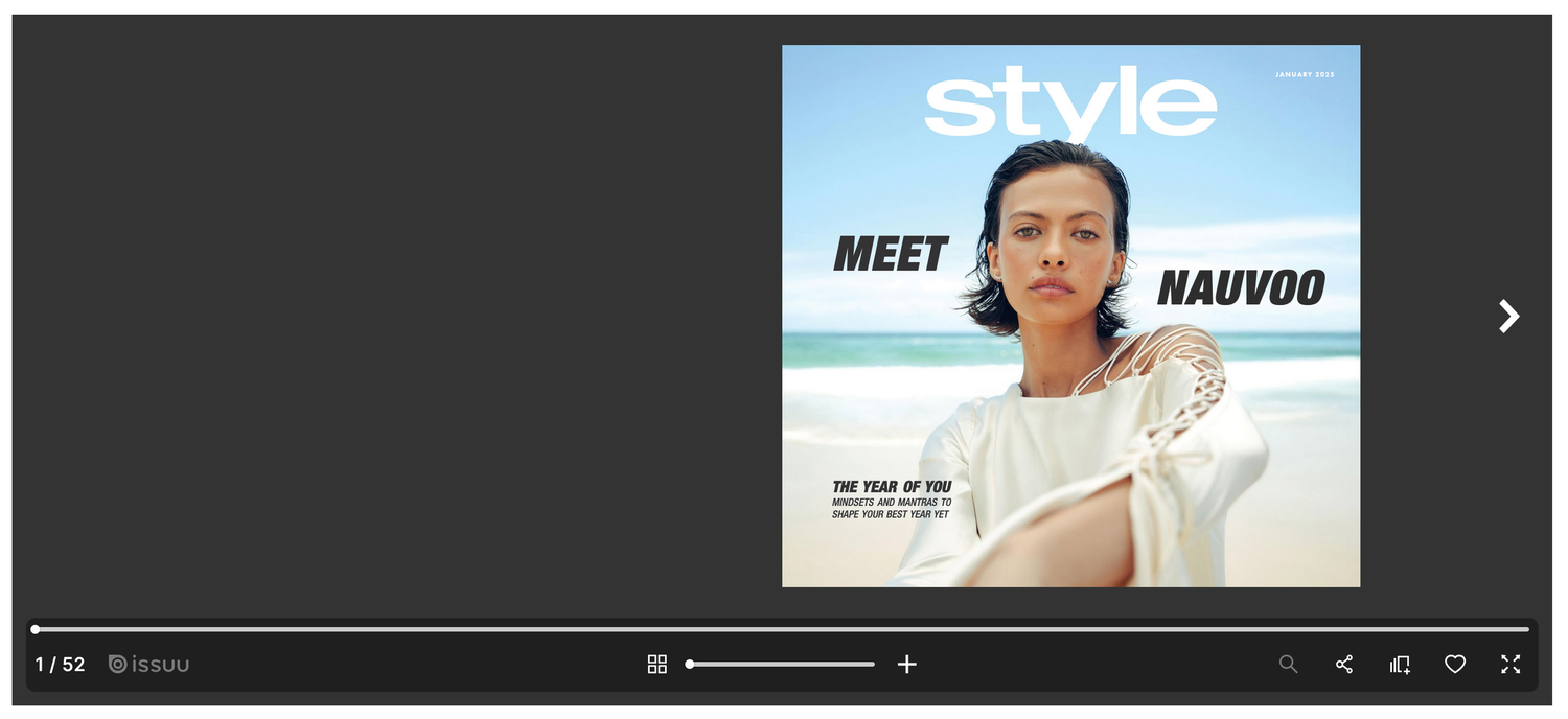 Style magazine cover featuring a woman in white near a beach with text Meet Nauvoo.