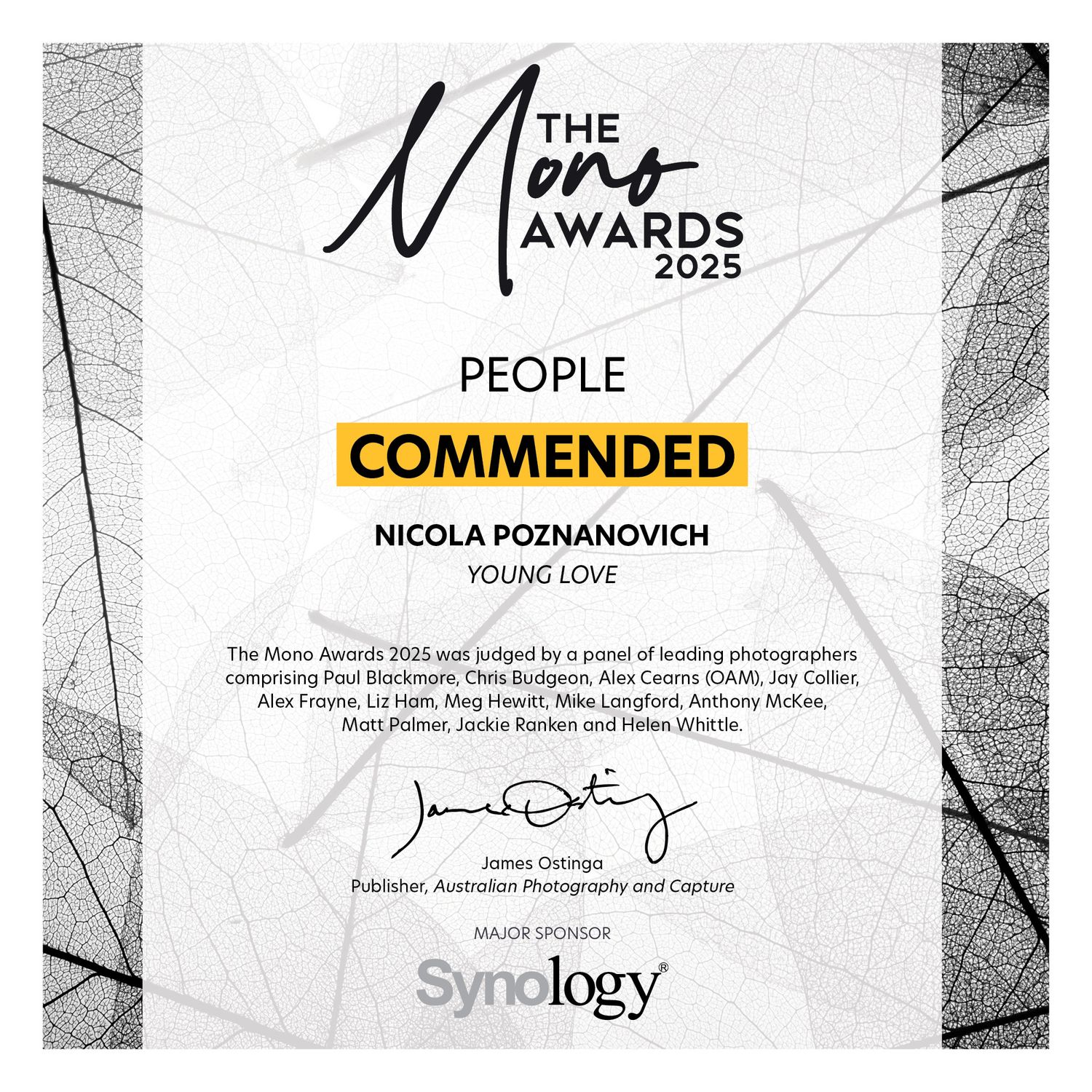 The Mono Awards 2025 certificate commending Nicola Poznanovich for Young Love in the People category, sponsored by Synology.