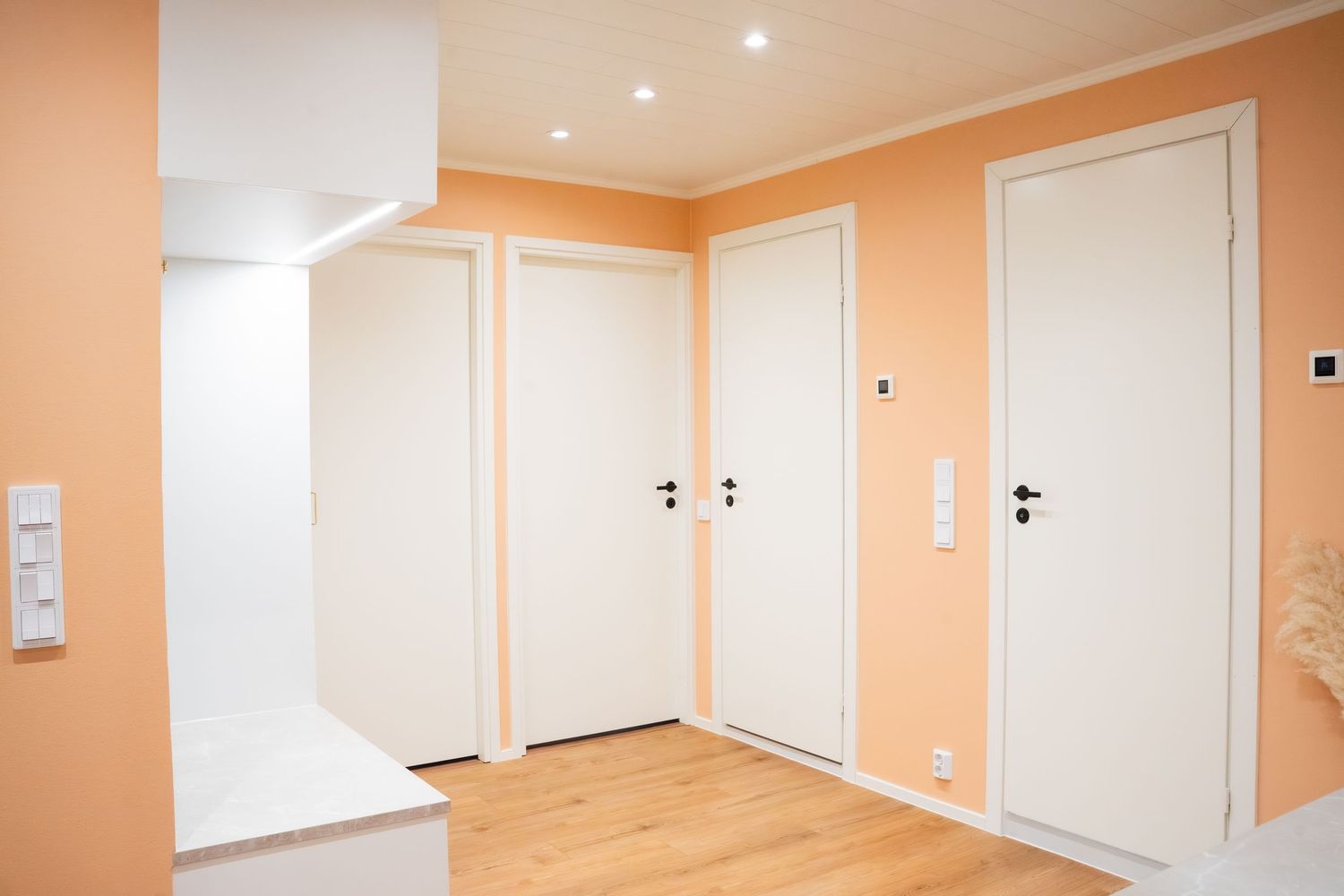 Modern hallway with peach walls, white doors, and light wood flooring in a bright, clean interior.