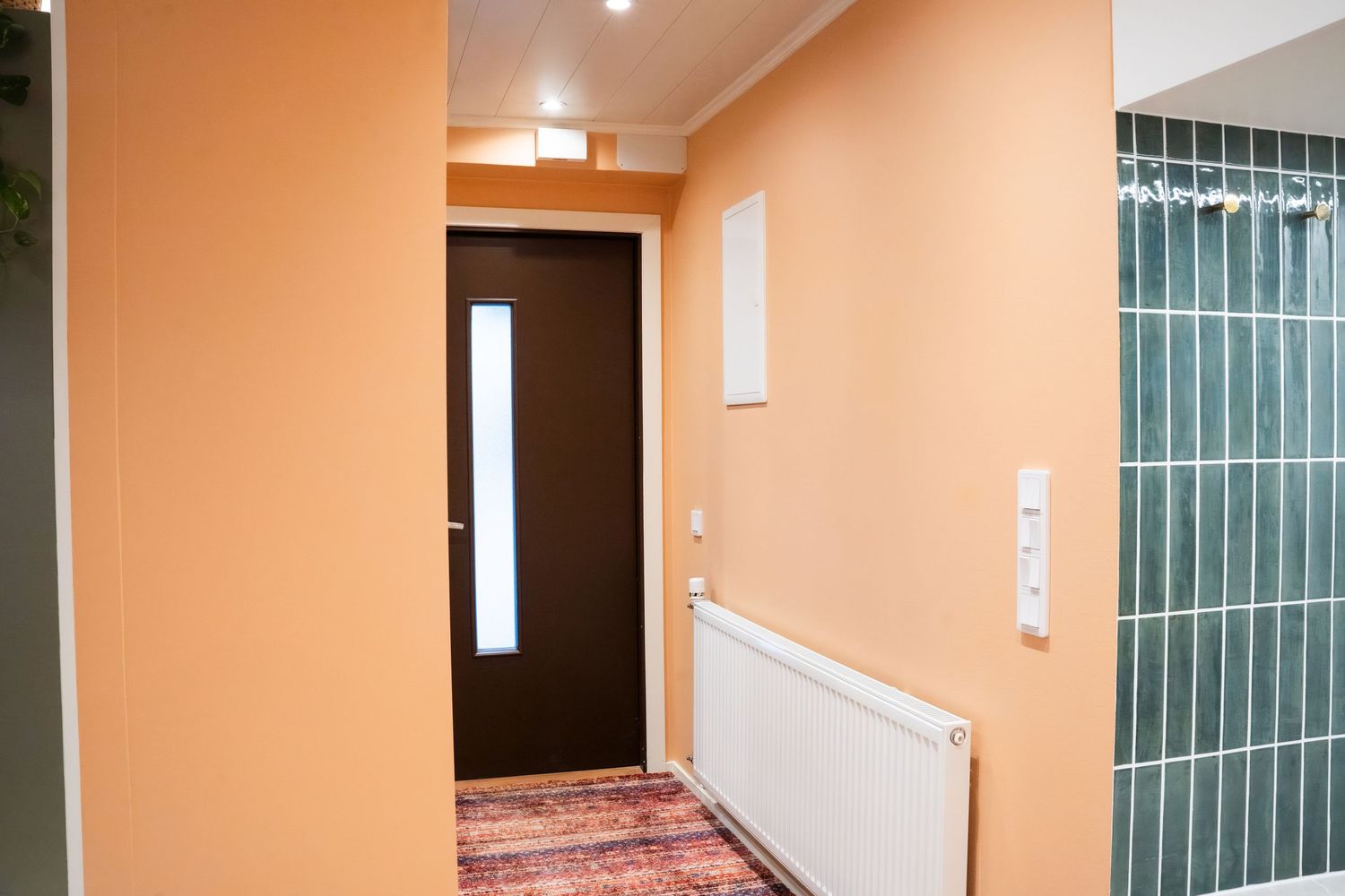 Modern hallway with peach walls, dark wood door, white radiator, and green tile accent wall on polished floor.