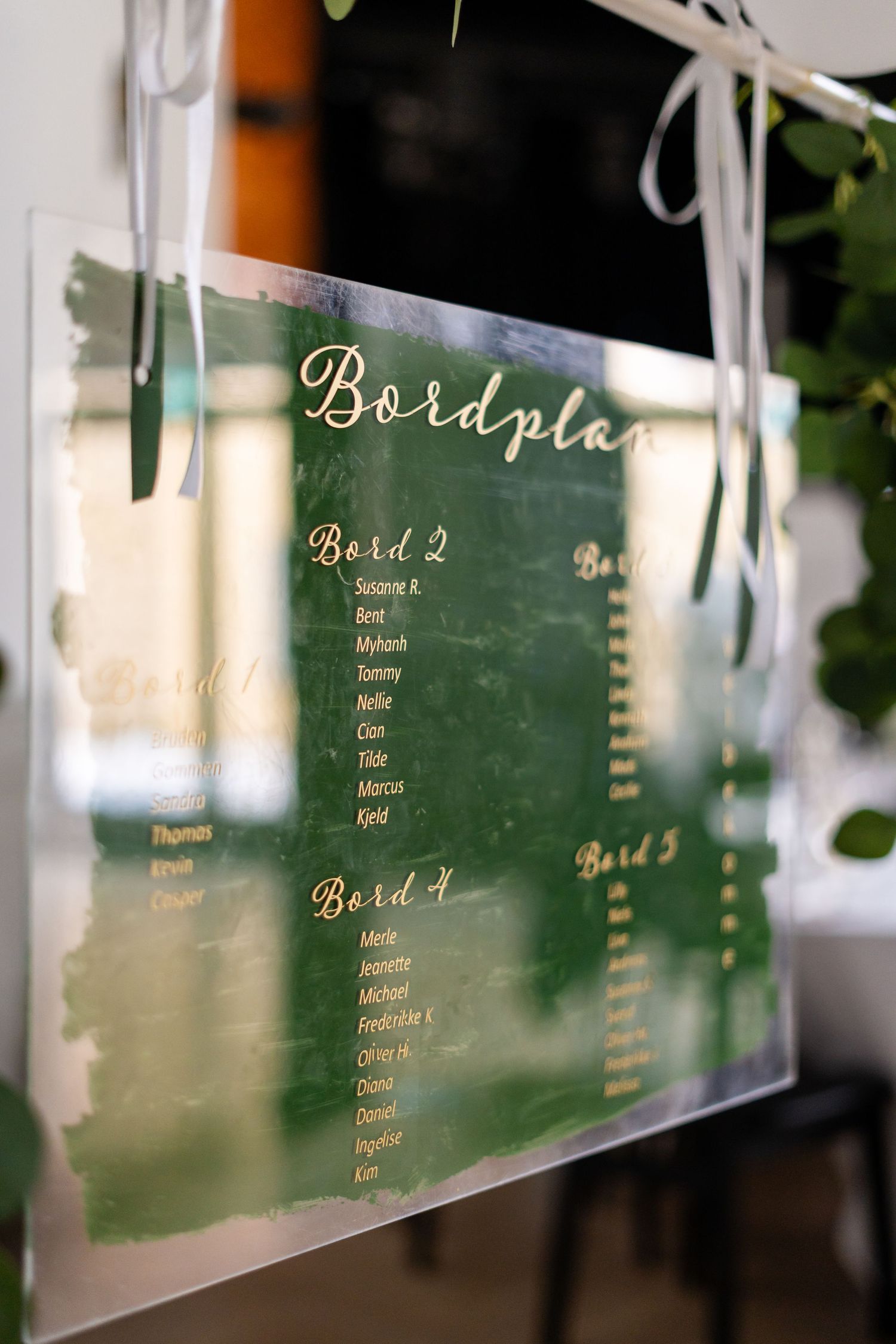 Wedding seating chart displayed on a green chalkboard with elegant script.
