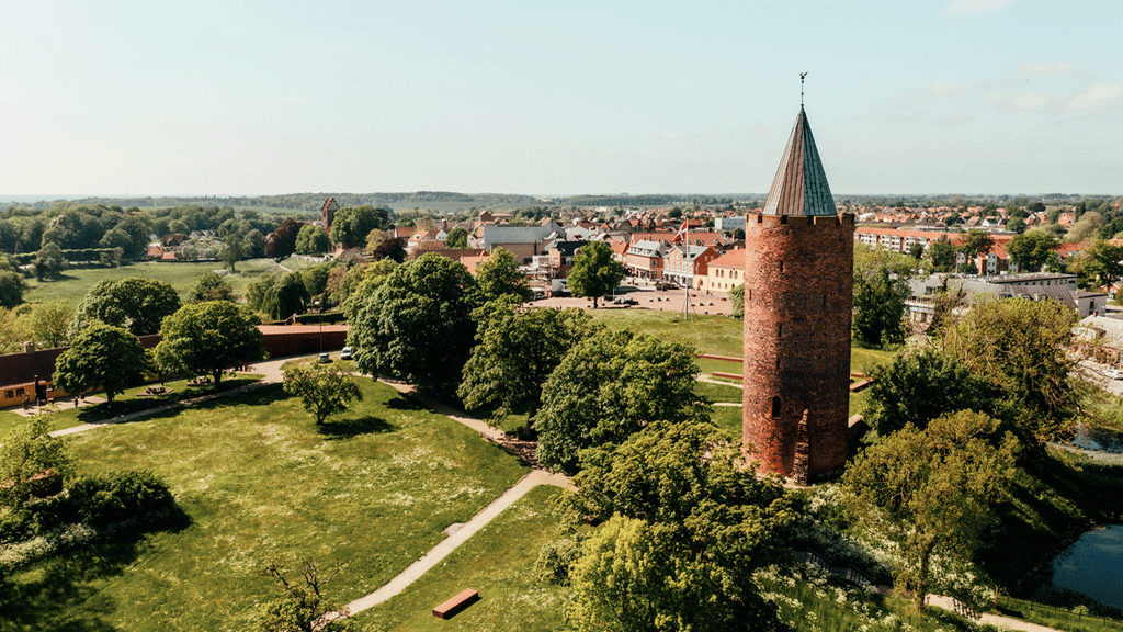 Aerial view of medieval town with castle towers and green countryside.