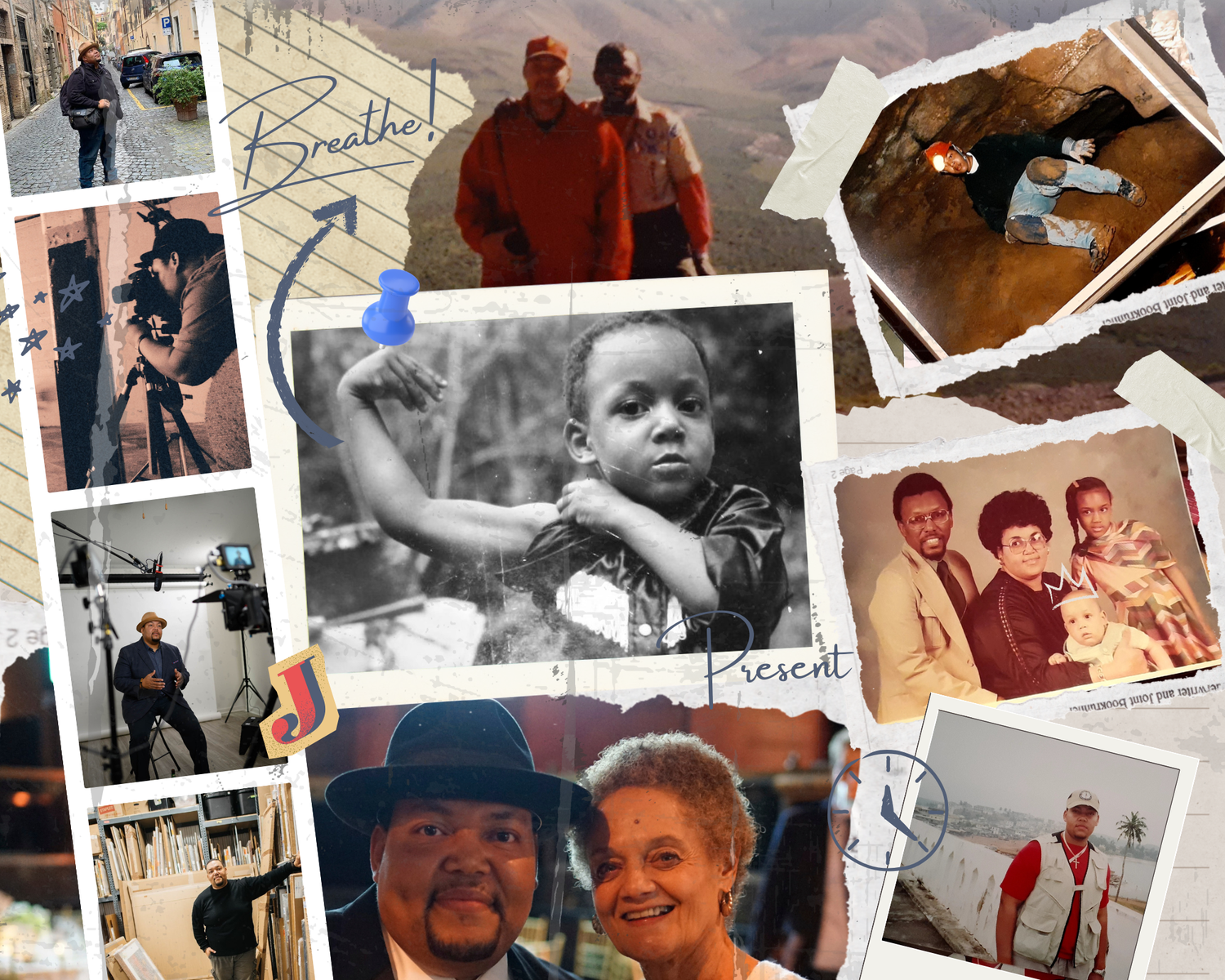 A collage of vintage and modern photographs arranged in a horizontal strip showing various candid moments and memories.