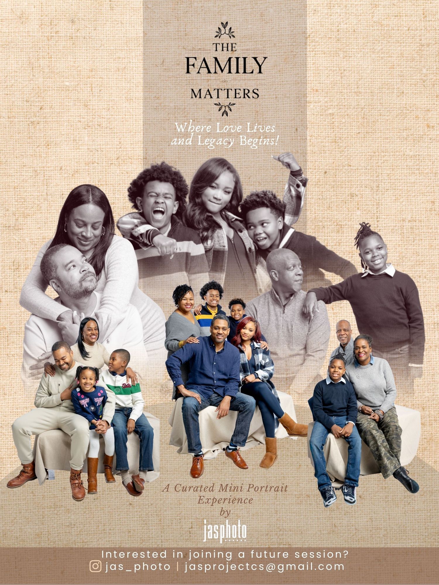 A family portrait collage design with multiple generations shown in both color and black and white photos for Family Matters series.