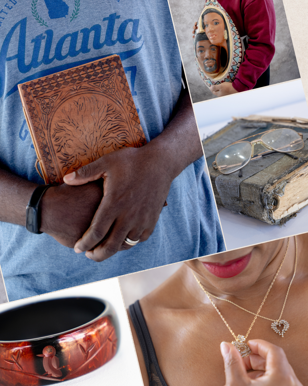 Close-up view of hands holding a brown leather wallet showing intricate tooled patterns and craftsmanship details for Labor Of Love.