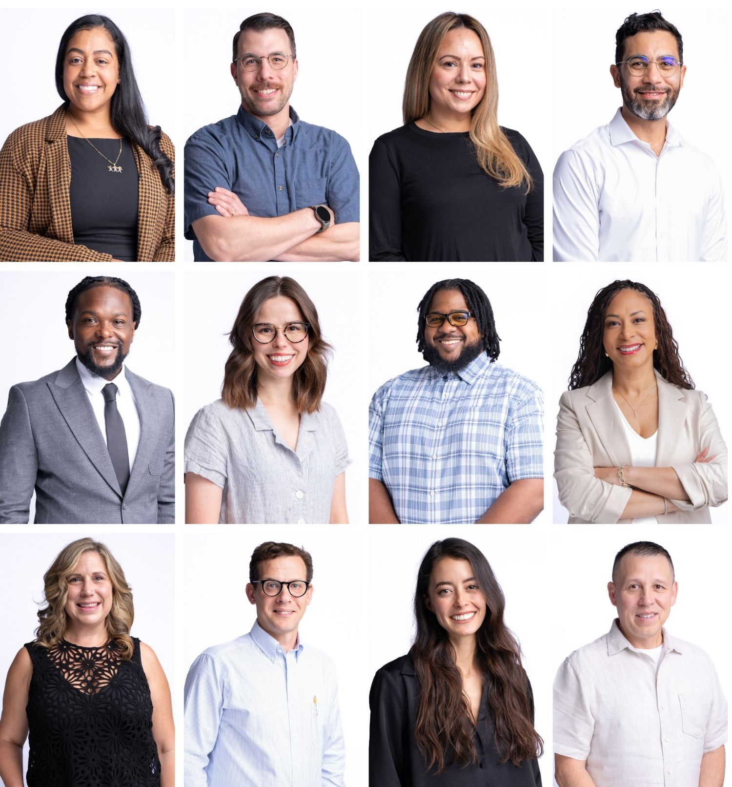 Professional headshot portraits of diverse business professionals arranged in a grid layout against white backgrounds.