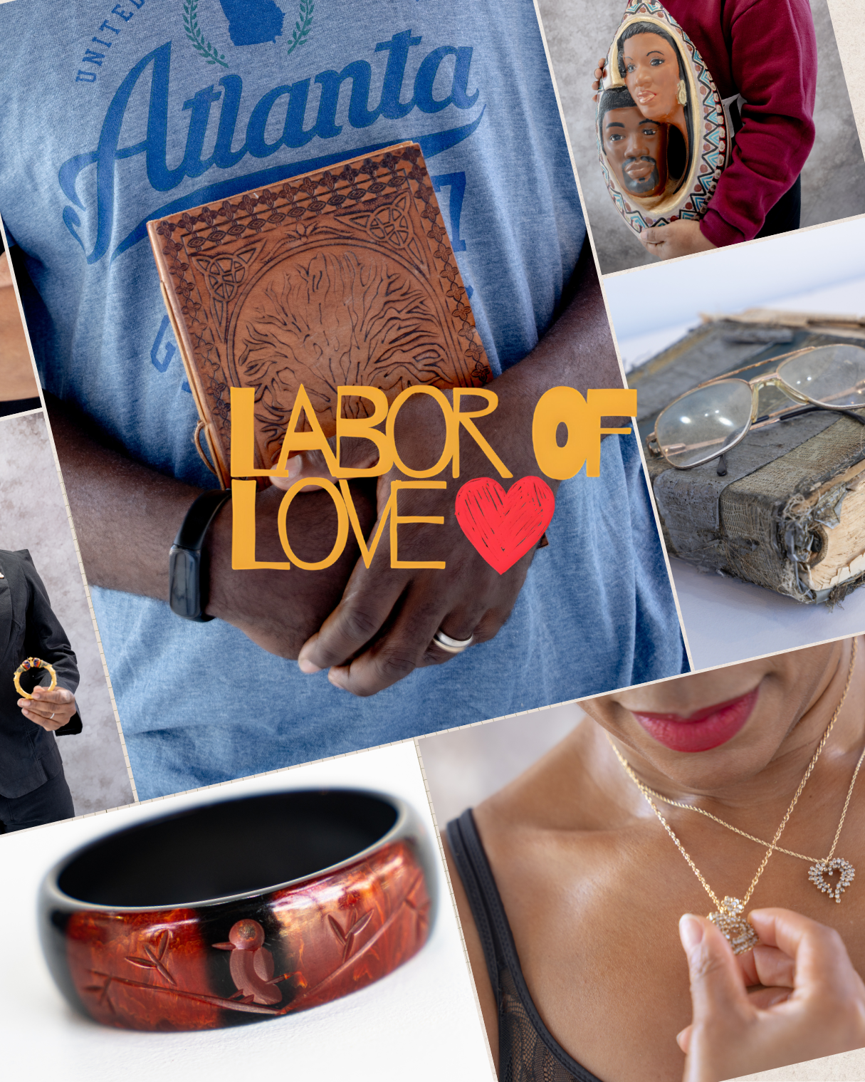 A collage showing jewelry pieces including a brown bangle, necklace, and 'Labor of Love' text on an Atlanta sports shirt.
