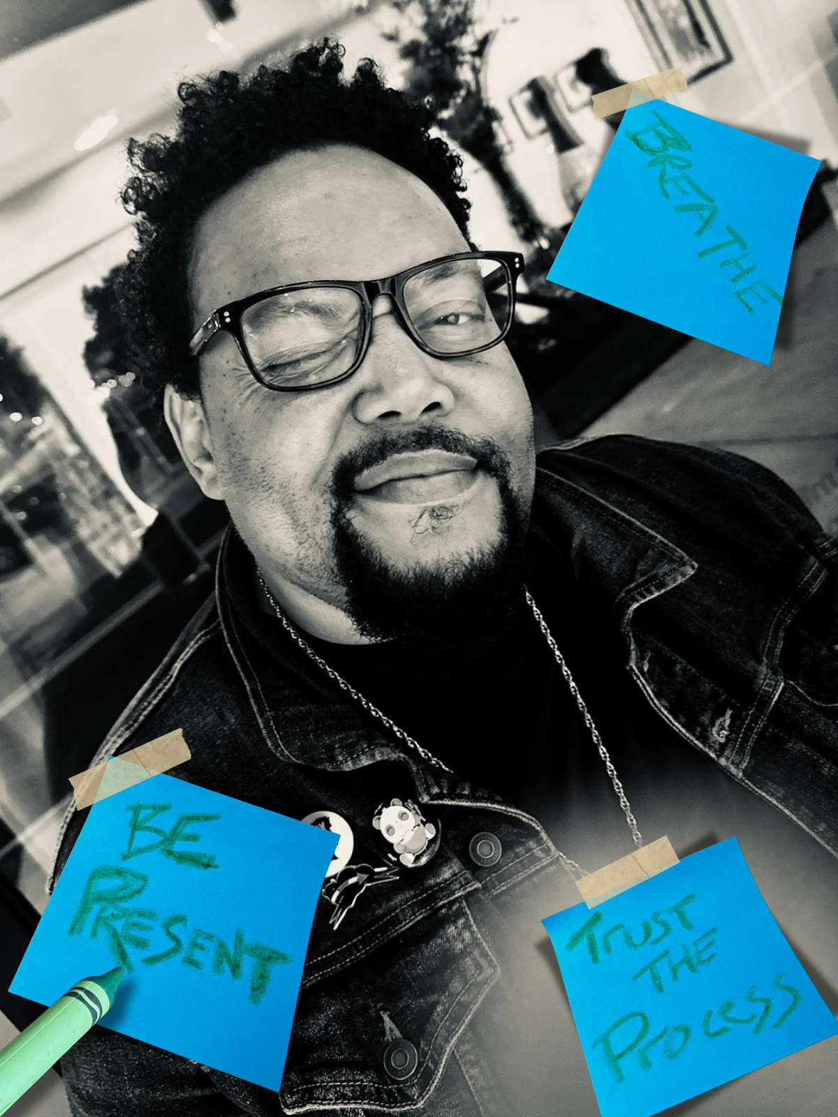 Black and white photo collage showing multiple close-up shots with blue sticky notes visible in the composition.
