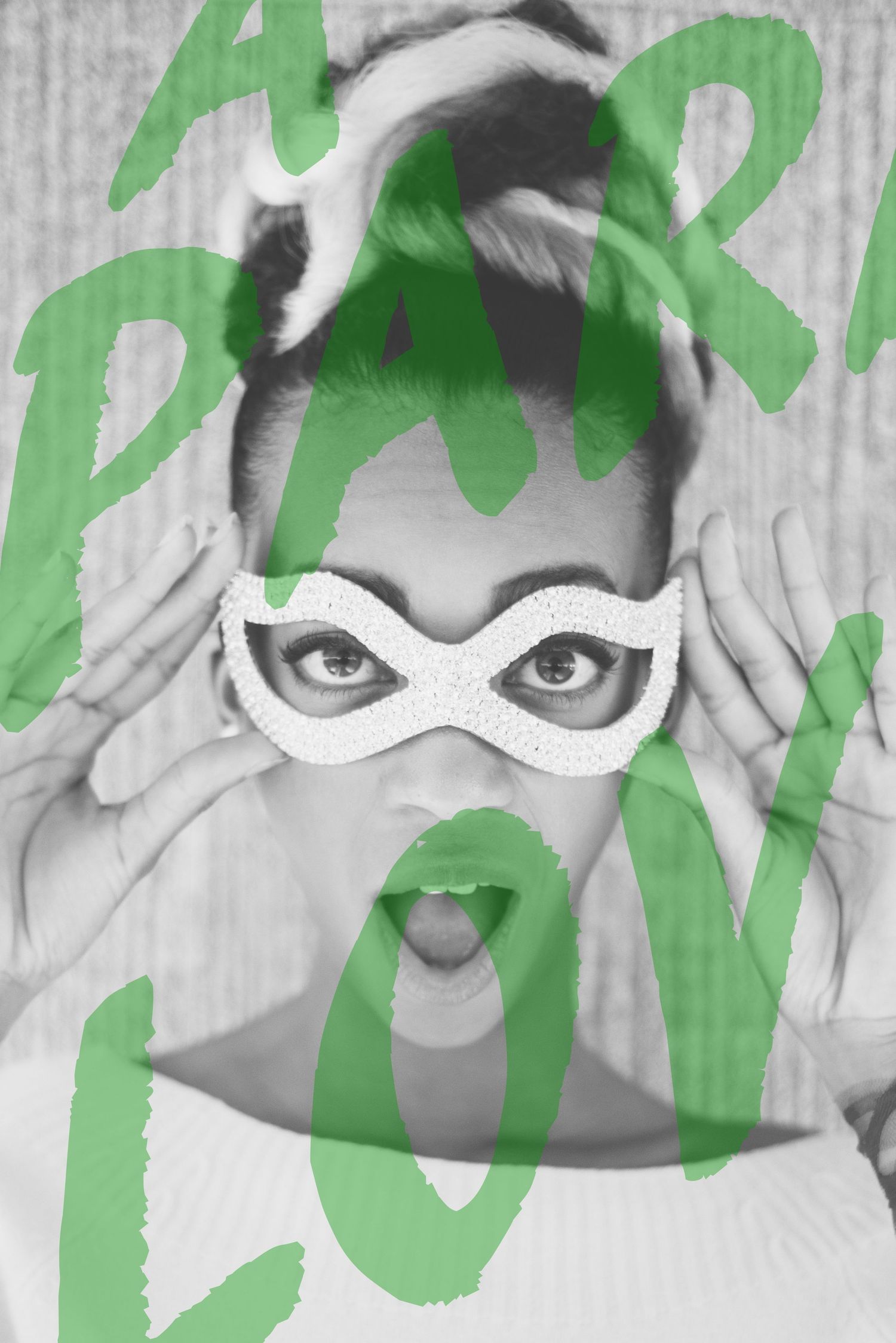 Black and white portrait with green overlay showing artistic close-up expressions.