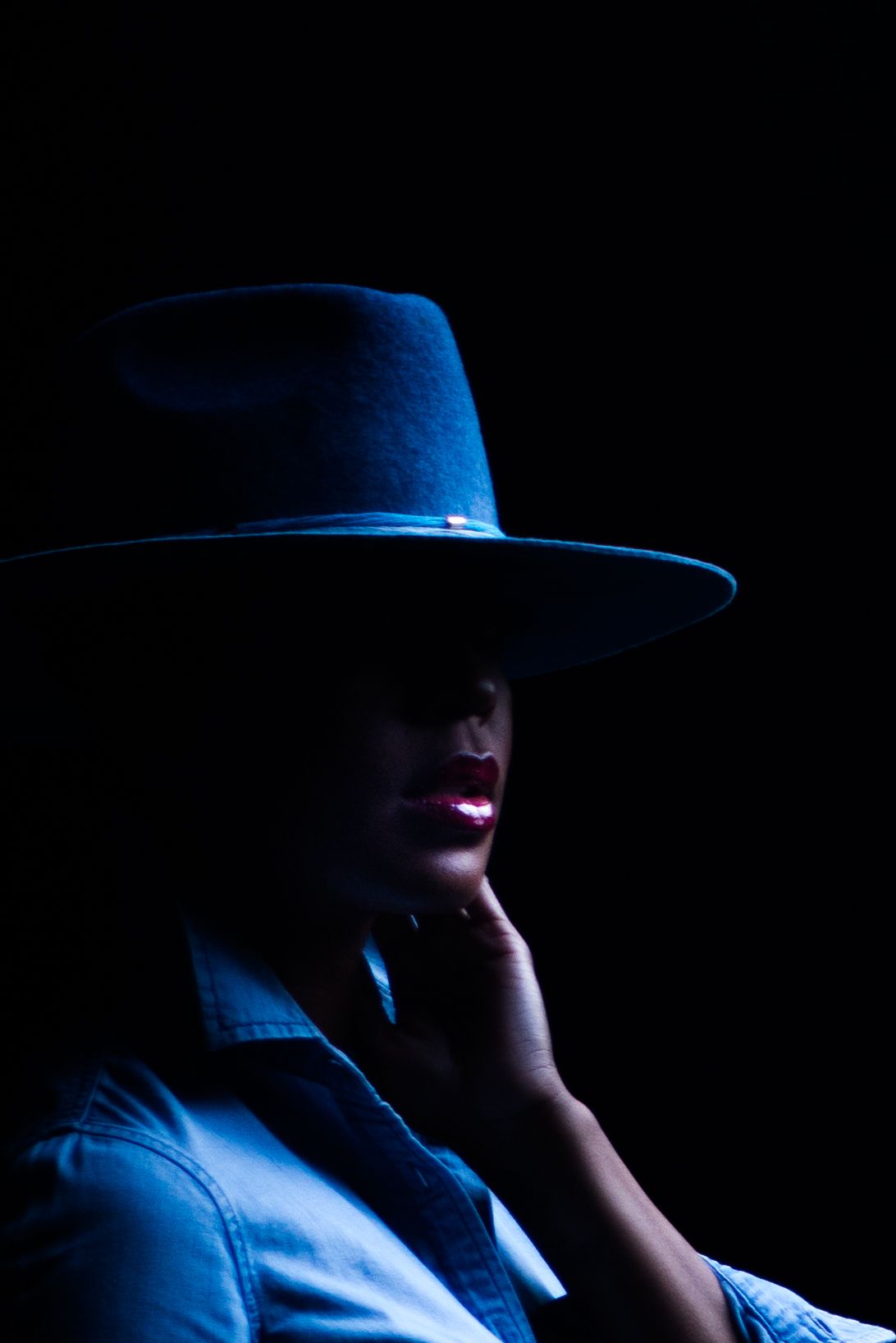 Dramatic silhouette portrait in blue lighting showing a person wearing a wide-brimmed hat.