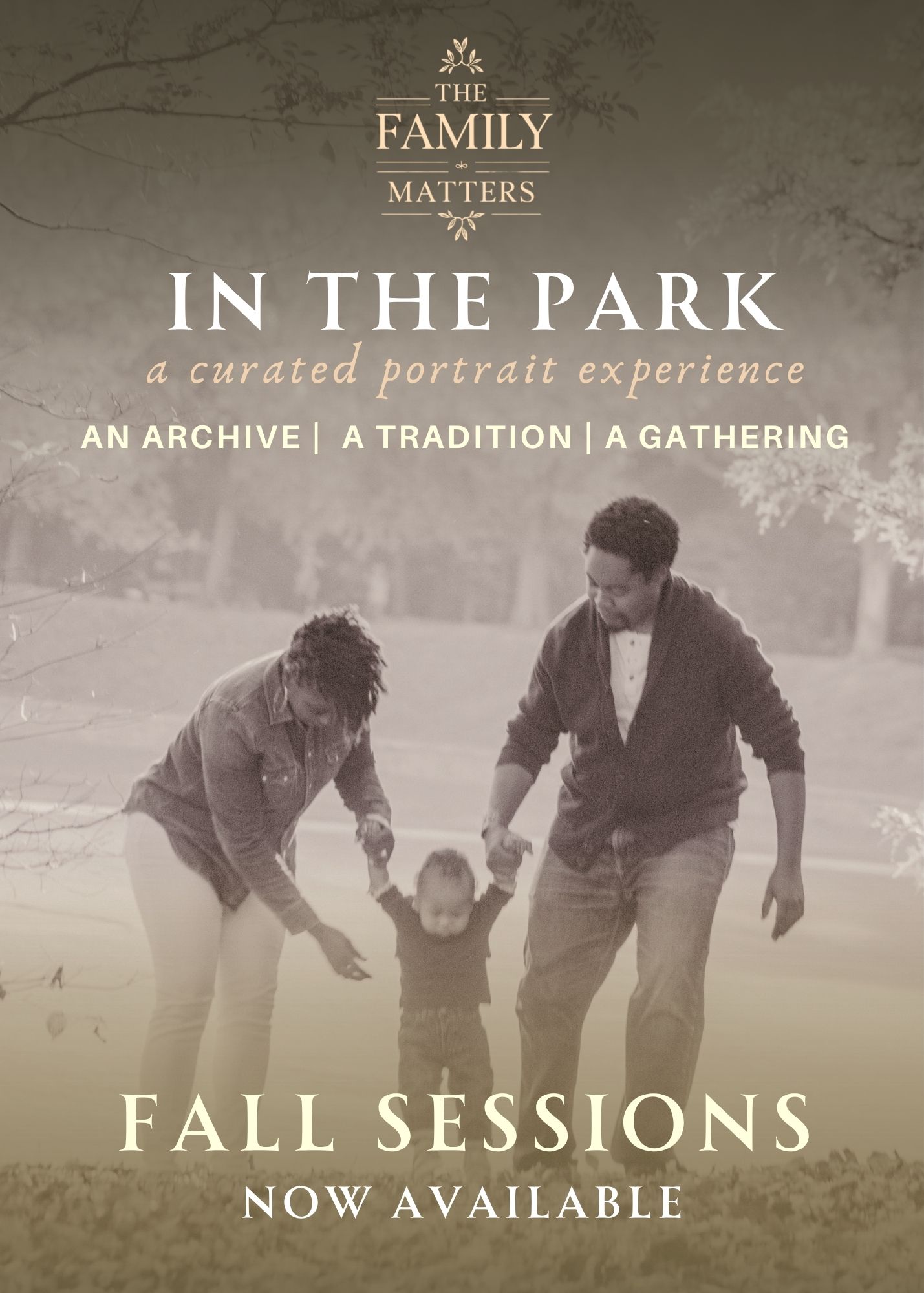 Family Matters fall portrait sessions in the park promotional flyer featuring a joyful family of three playing outdoors.
