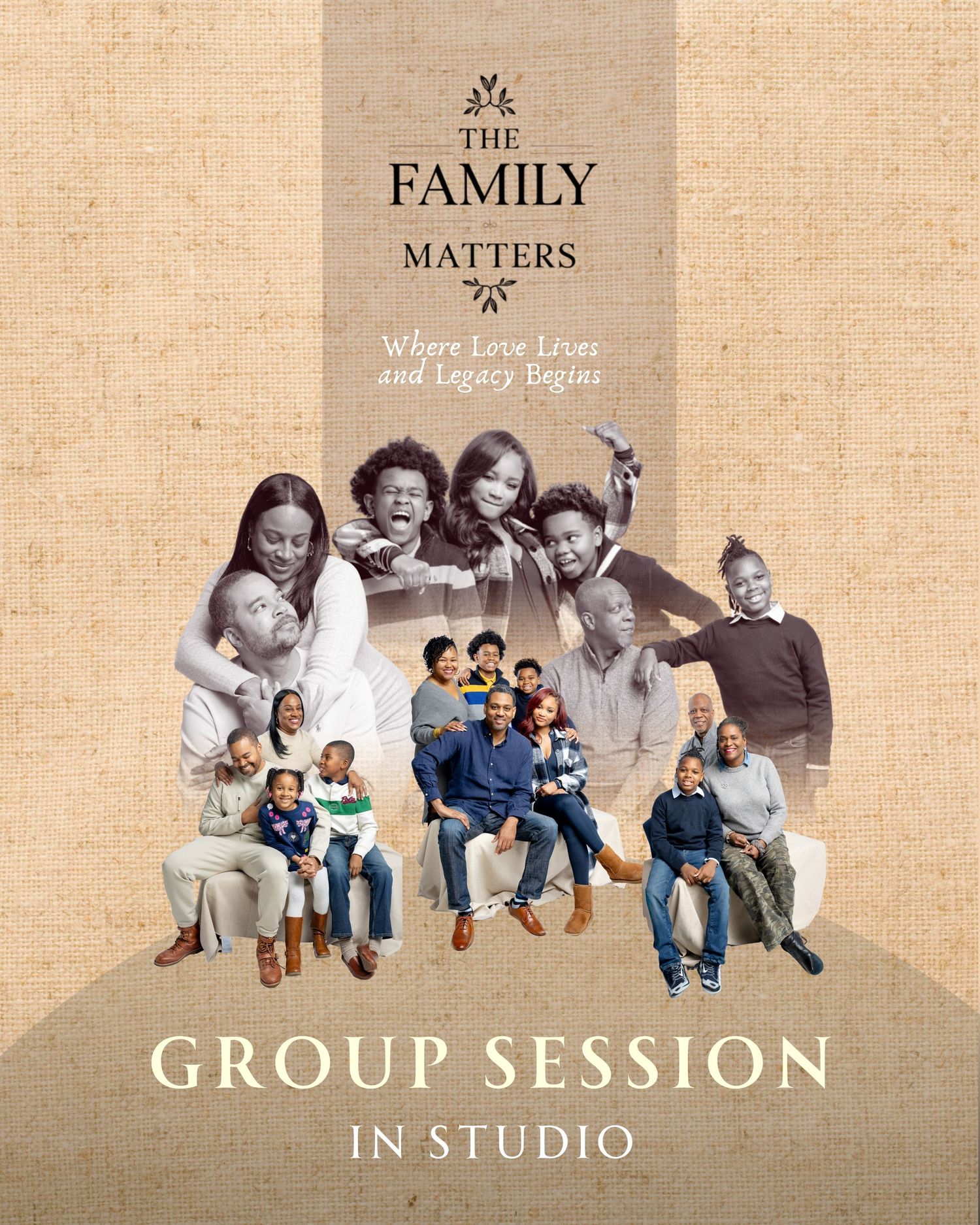 A family photography studio group session promotional poster featuring multiple Black families posing together with text The Family Matters.