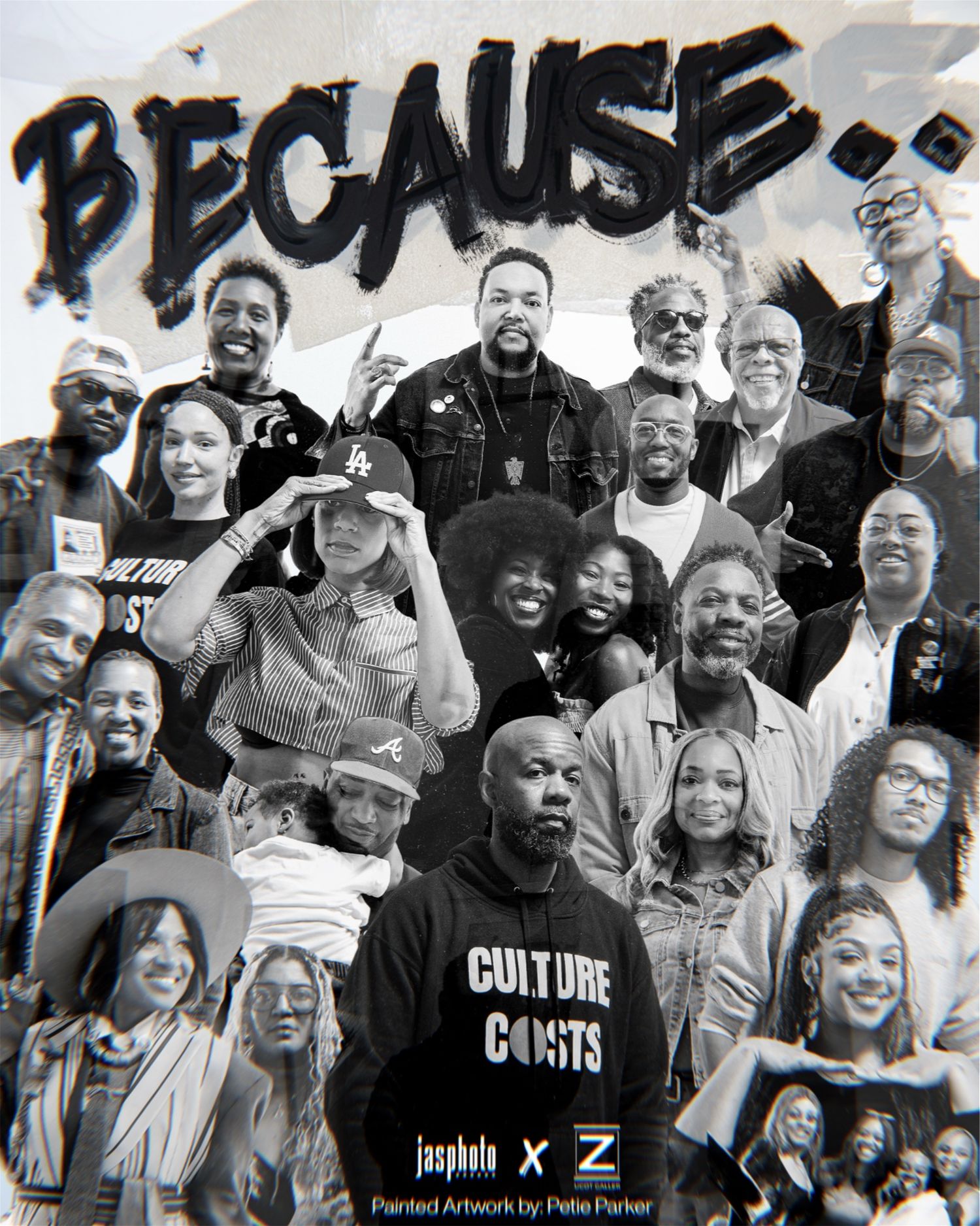 A black and white collage of smiling group photos showing people posing together in casual settings.