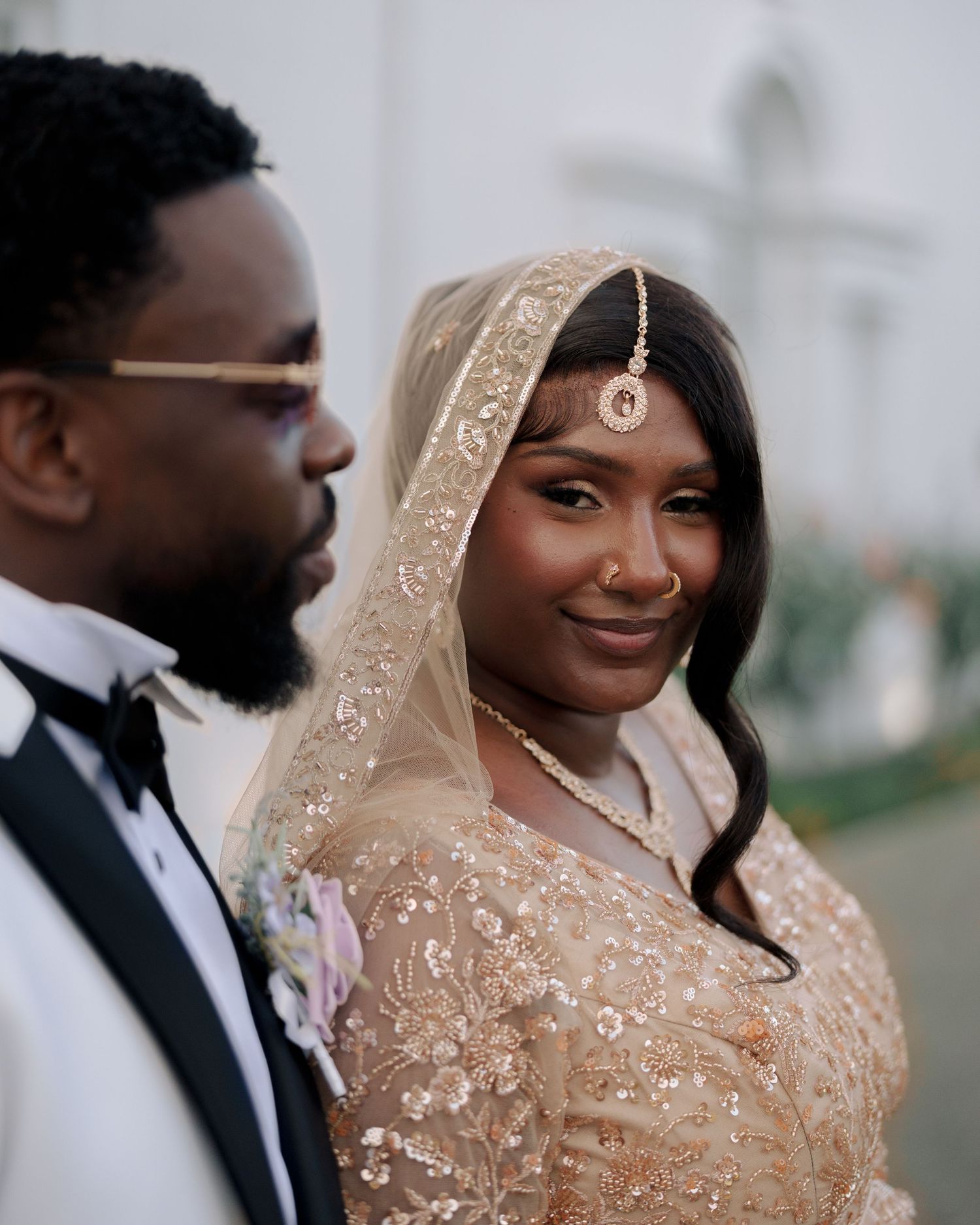 Romantic wedding portrait of bride and groom at Hillingdon house  in on their wedding day.
