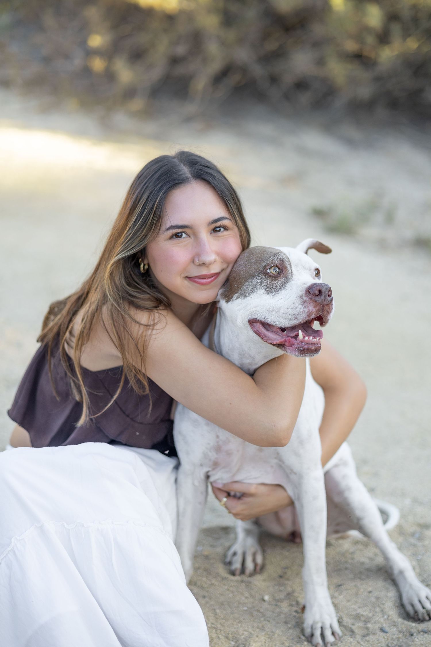 Person cuddling with a happy white and brown pit bull dog outdoors.