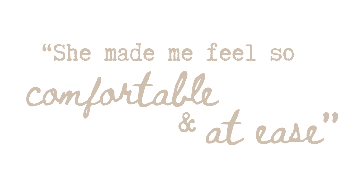 Elegant cursive text quote reading She made me feel so comfortable and at ease in beige tones on white.