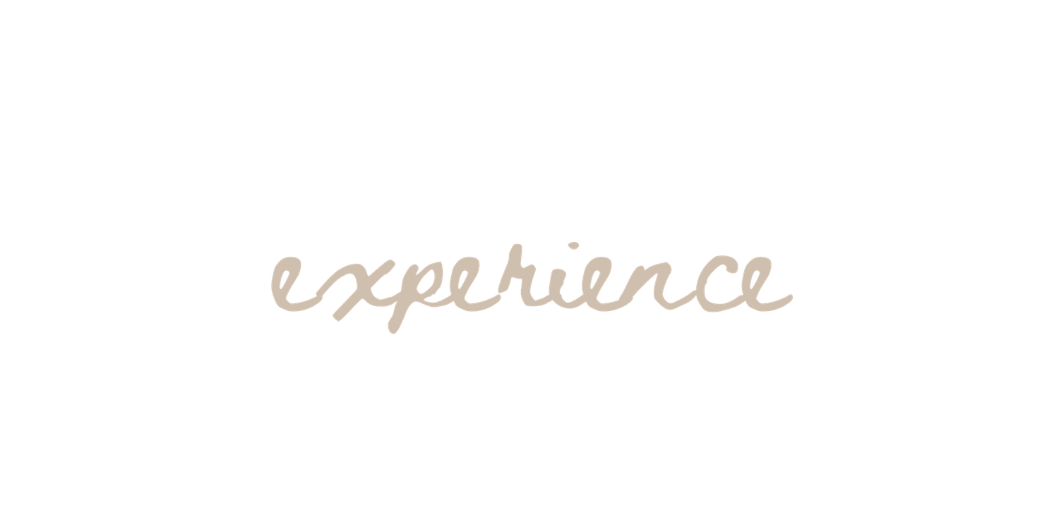 Elegant cursive script spelling the word experience in soft beige on a white background.