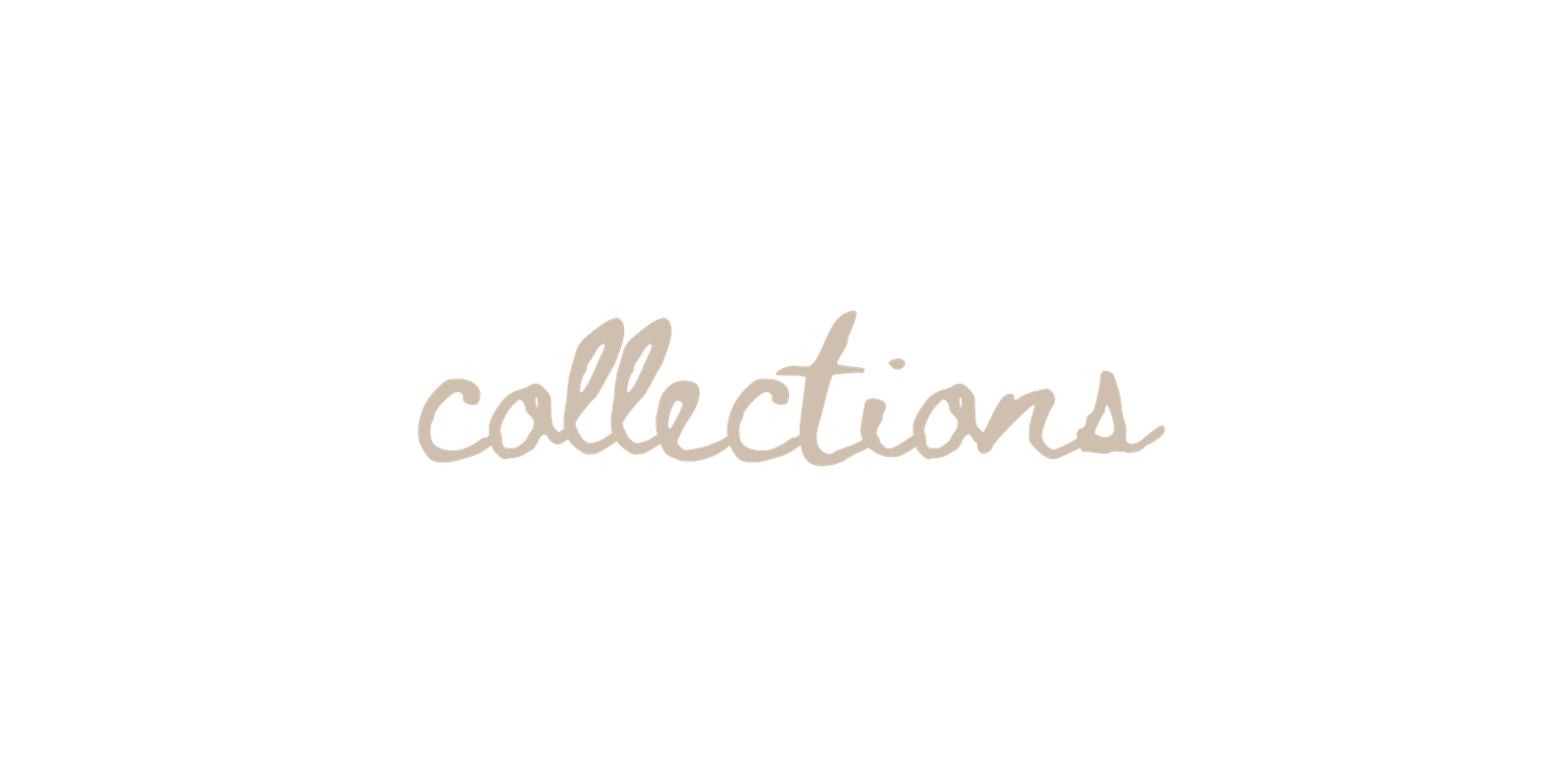 Elegant cursive script spelling collections in soft beige tone on white background.