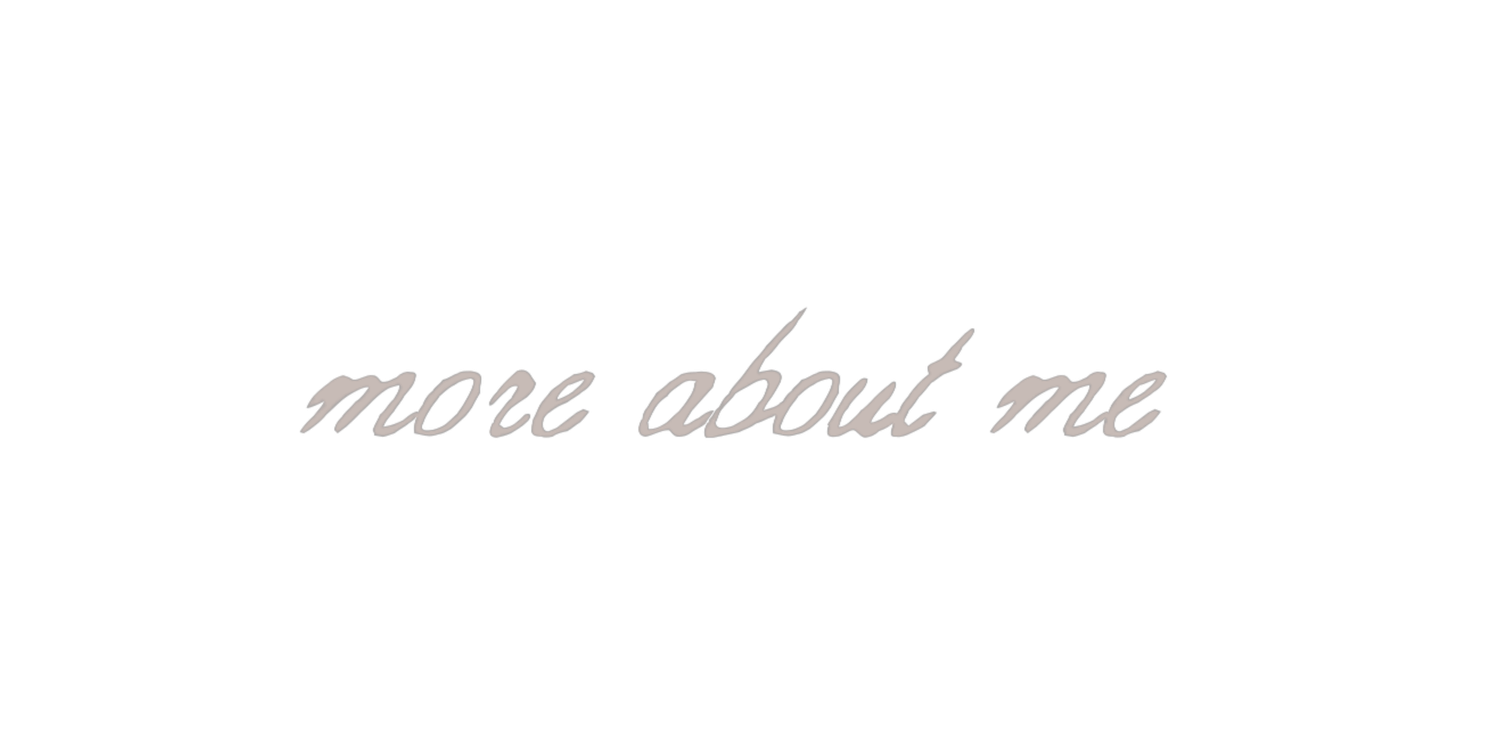 Elegant cursive script reading 'more about me' in soft beige on a white background.