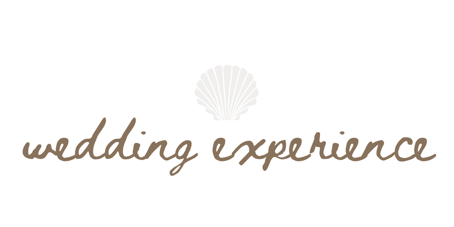 Wedding Experience logo with elegant script text and a decorative seashell icon in soft brown tones.