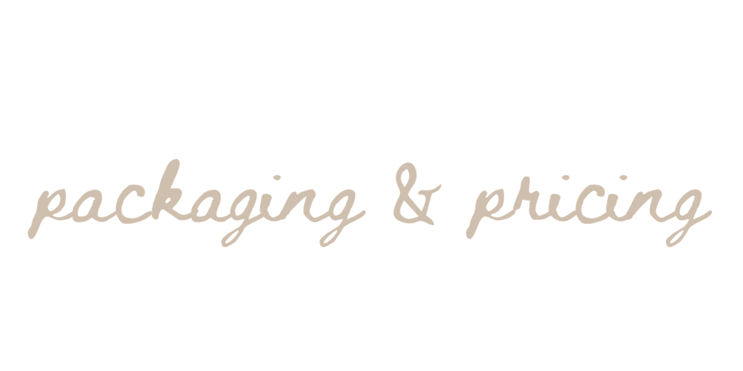 Elegant cursive text reading packaging and pricing in soft beige tone on white background.