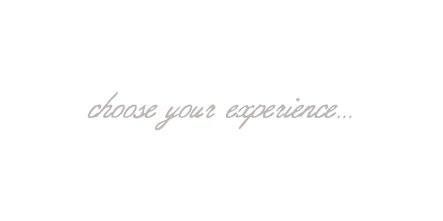 Elegant cursive script reading 'choose your experience' in soft gray text on a white background.