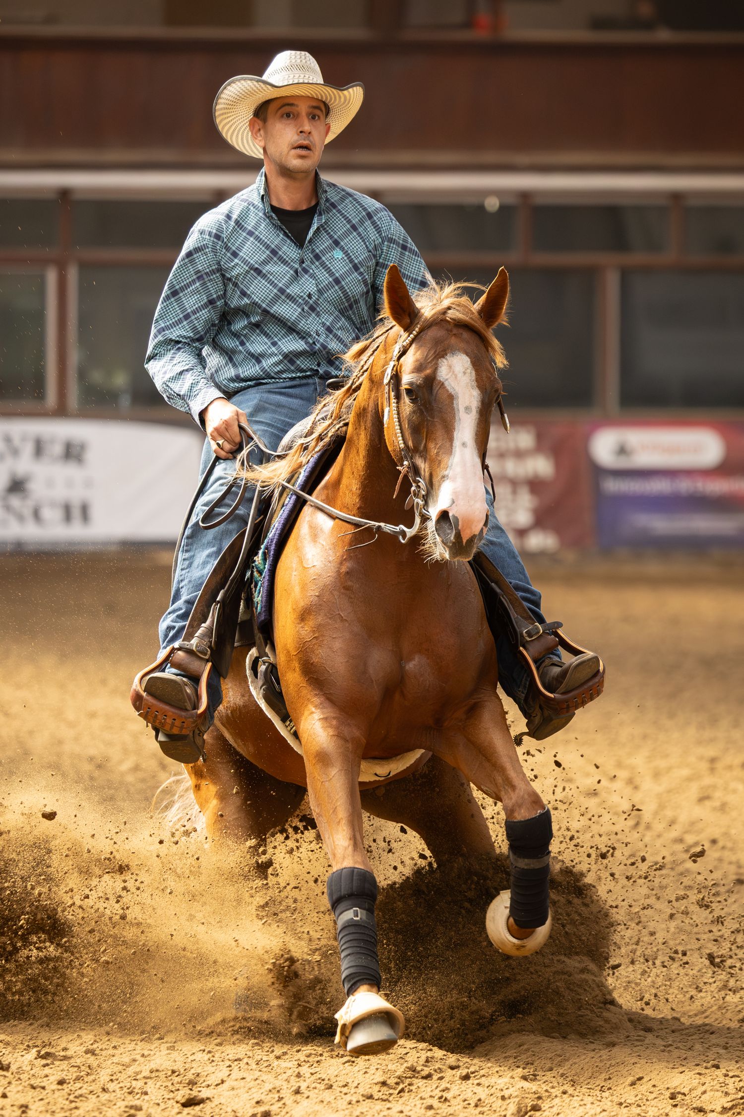 Action sequence shows a horse and rider performing a sliding stop maneuver in a western reining competition arena.