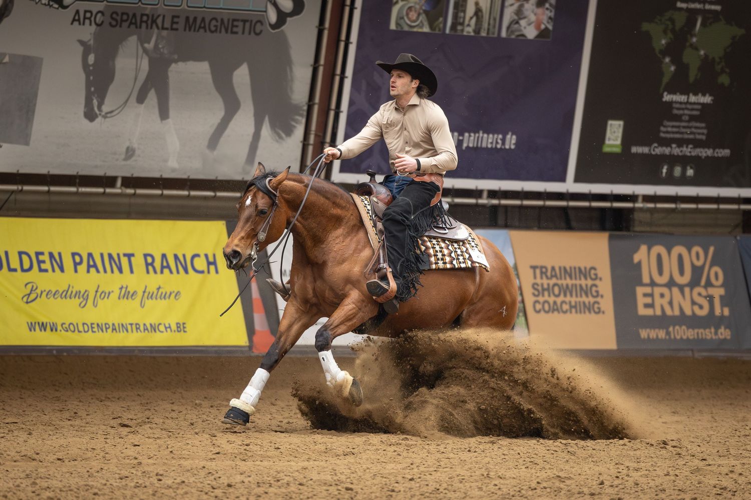 A rider on a brown horse performs a reining slide maneuver in an indoor arena with sponsor banners visible.