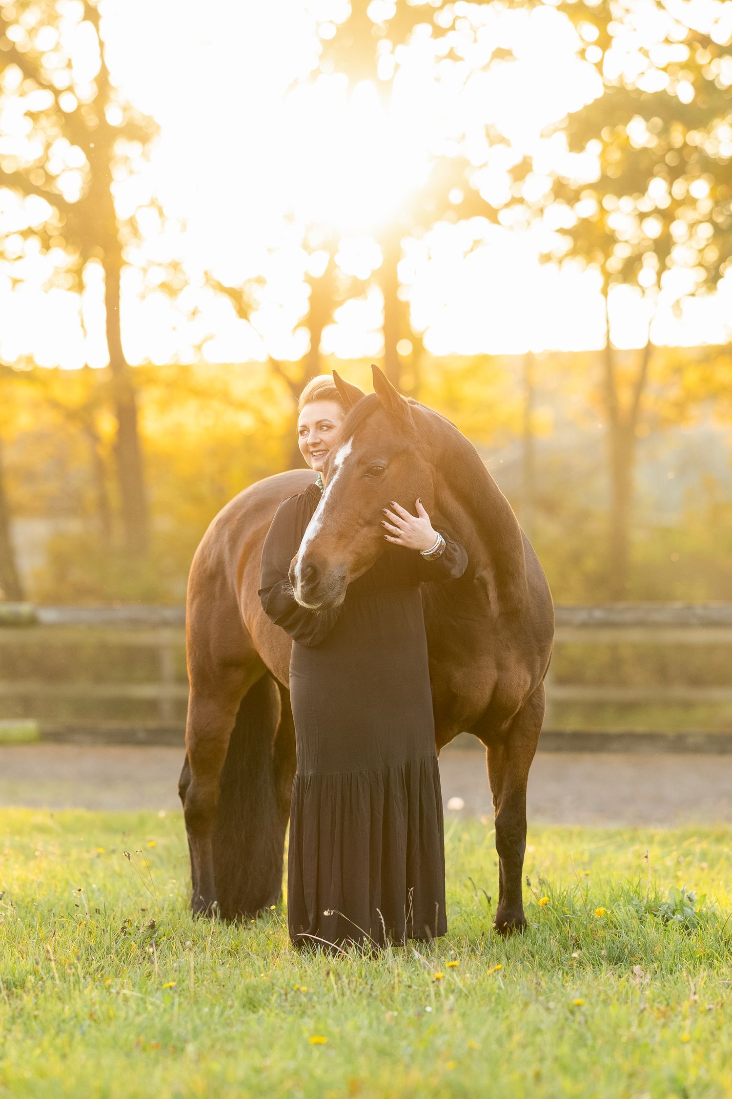 Person wearing black dress stands with beautiful brown Quarterhorse during sunset in pastoral setting.