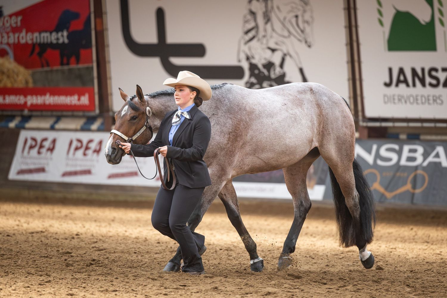 Woman in cowboy hat leading a grey horse in an indoor equestrian show arena competition.