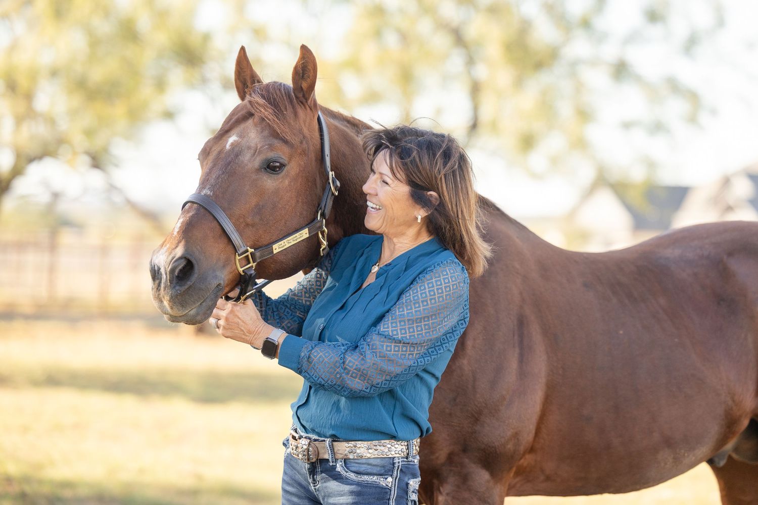 Person in denim outfit showing affection to brown horse in golden sunlight.